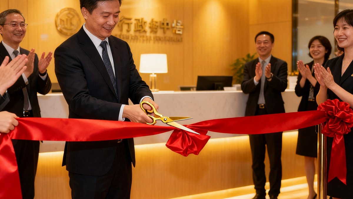 成都新贵宾厅开业剪彩仪式现场，红色绸带和金色剪刀在灯光下闪耀，背景是全新装修的行政接待区，多位嘉宾正在鼓掌祝贺。