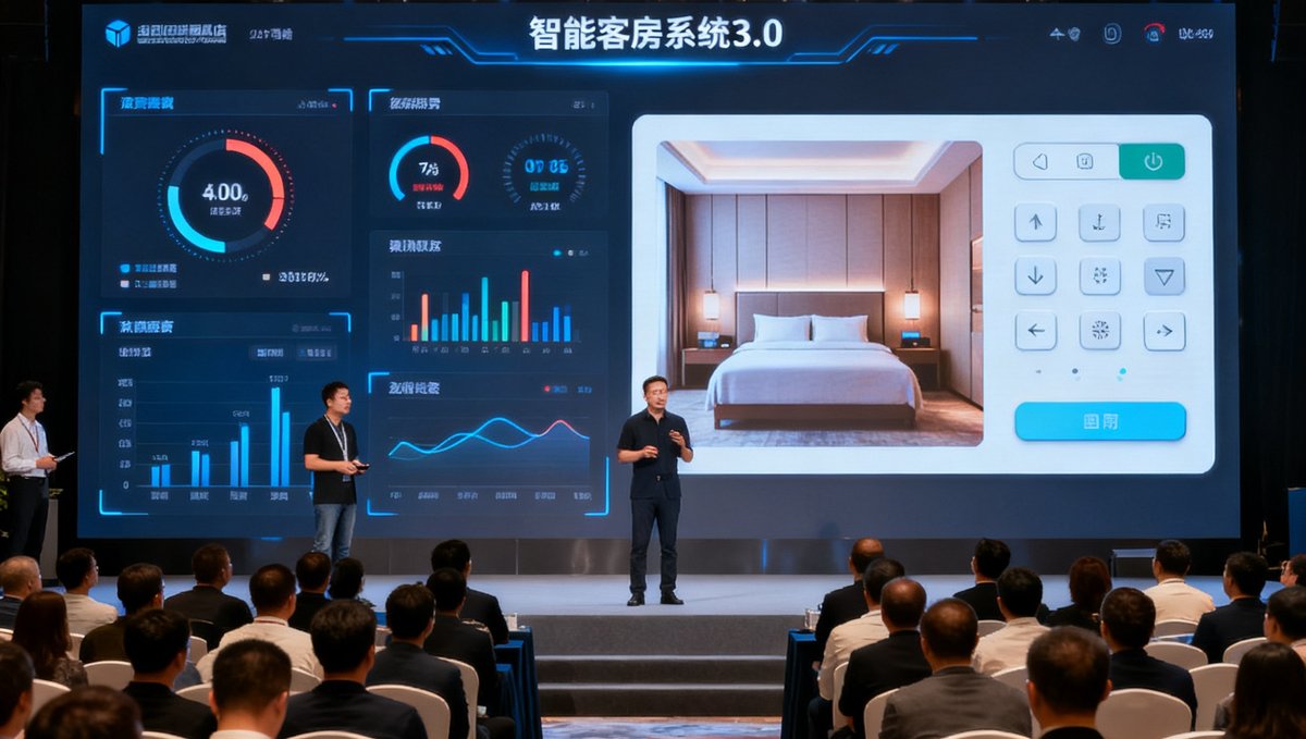 技术团队在发布会上展示智能客房系统3.0版本的界面，大屏幕上显示着数据仪表盘和客房控制面板，观众席坐满了酒店行业代表。